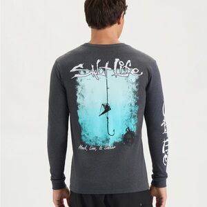 Salt Life Men's Charcoal and Aqua Long Sleeve Tee